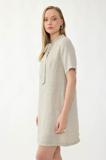 %100 Keten Yakası Bağlamalı Kısa Kol Elbise - 23