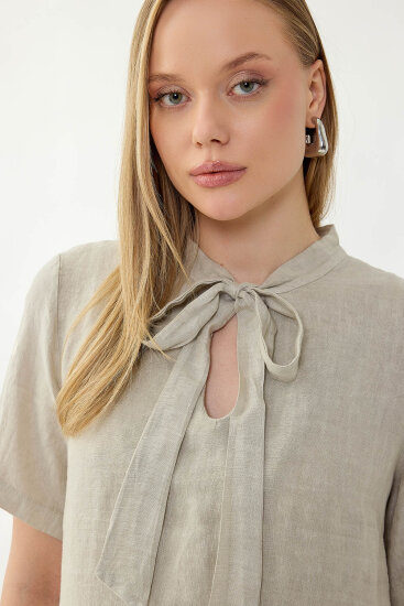 %100 Keten Yakası Bağlamalı Kısa Kol Elbise - 24