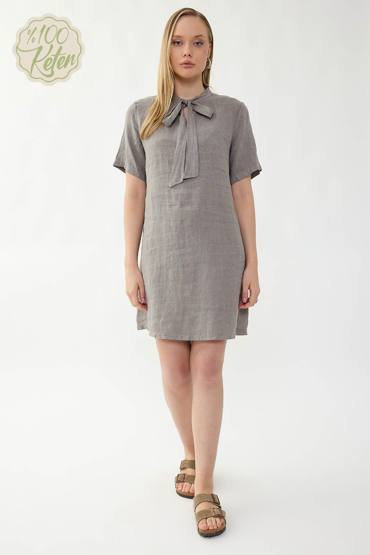 %100 Keten Yakası Bağlamalı Kısa Kol Elbise - Thumbnail