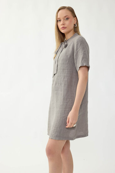 %100 Keten Yakası Bağlamalı Kısa Kol Elbise - 26
