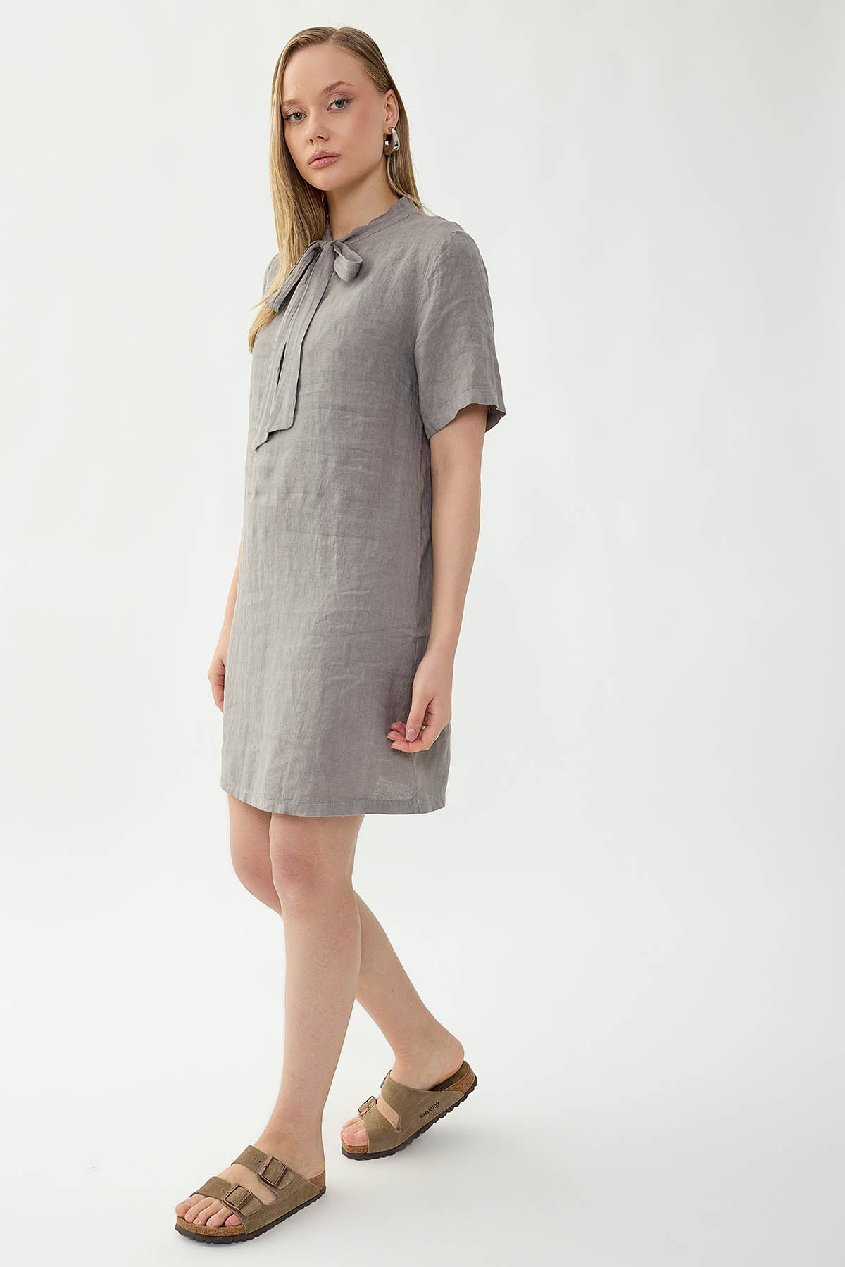 %100 Keten Yakası Bağlamalı Kısa Kol Elbise - Thumbnail