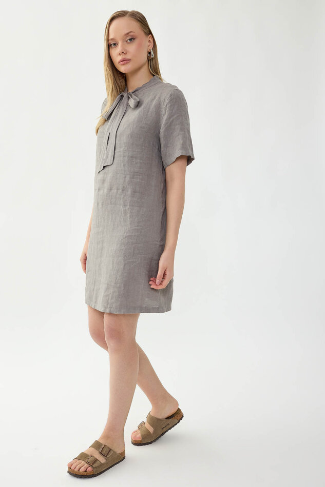 %100 Keten Yakası Bağlamalı Kısa Kol Elbise - 27