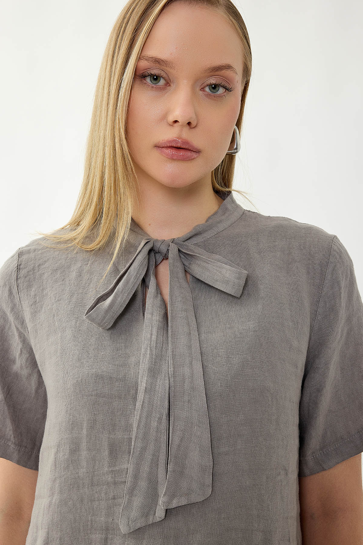 %100 Keten Yakası Bağlamalı Kısa Kol Elbise - Thumbnail