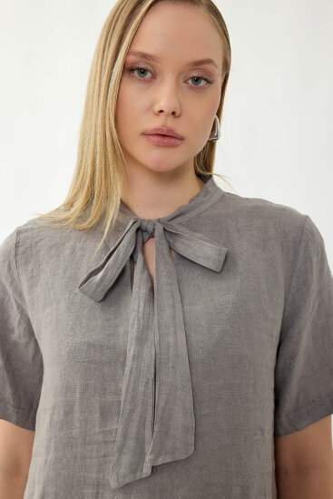 %100 Keten Yakası Bağlamalı Kısa Kol Elbise - 28