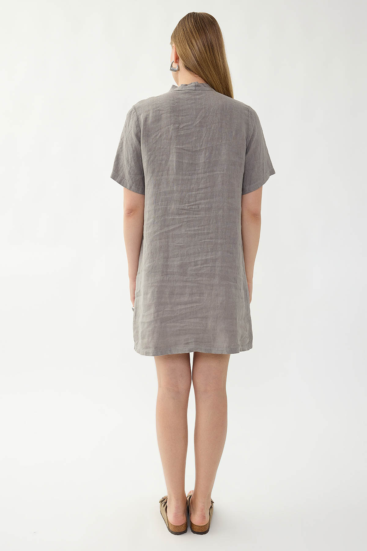 %100 Keten Yakası Bağlamalı Kısa Kol Elbise - Thumbnail