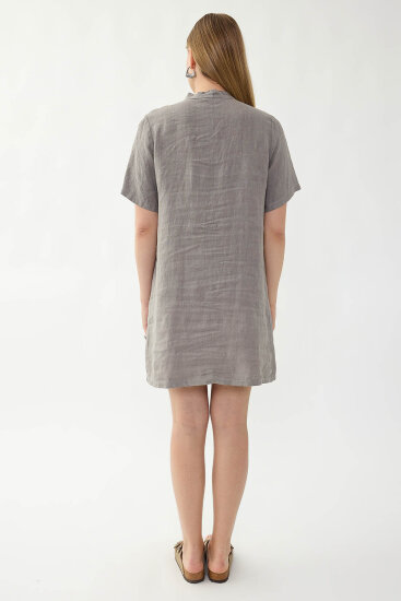 %100 Keten Yakası Bağlamalı Kısa Kol Elbise - 29