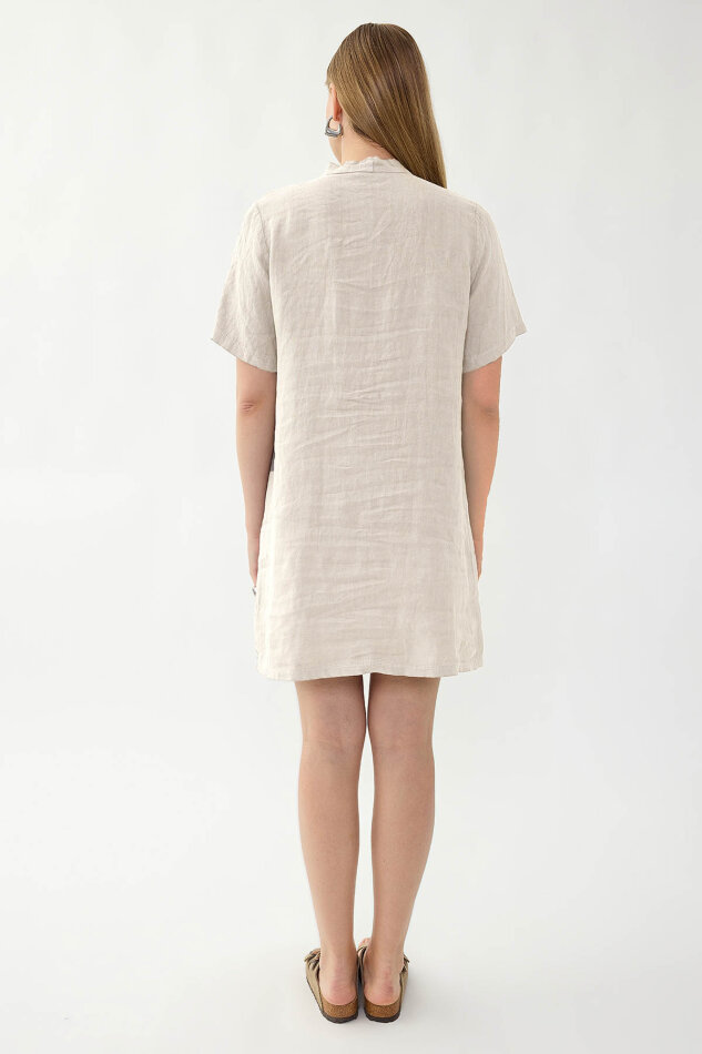 %100 Keten Yakası Bağlamalı Kısa Kol Elbise - 21