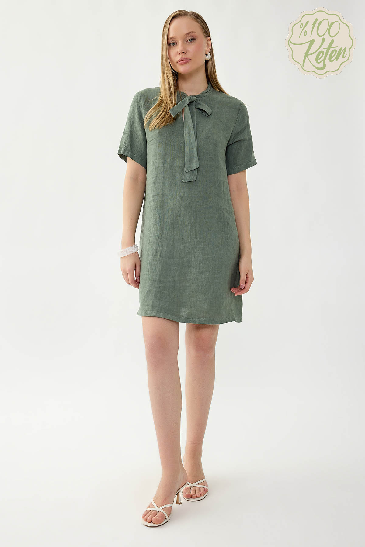 VİTRİN - %100 Keten Yakası Bağlamalı Kısa Kol Elbise