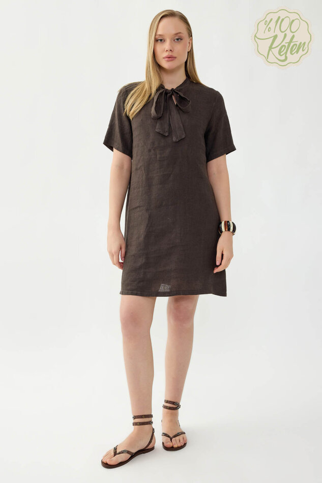 %100 Keten Yakası Bağlamalı Kısa Kol Elbise - 4