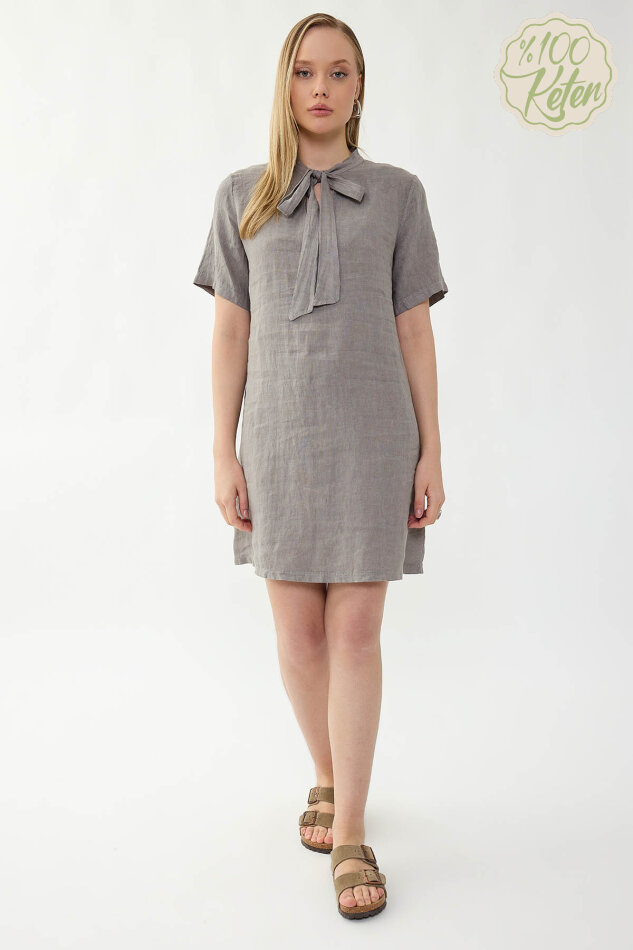 %100 Keten Yakası Bağlamalı Kısa Kol Elbise - 25