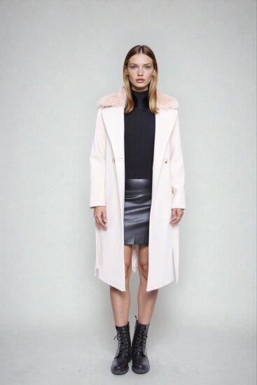 Kürk Yaka Beli Kuşaklı Uzun Kaşe Kaban - 3