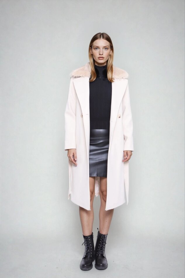 Kürk Yaka Beli Kuşaklı Uzun Kaşe Kaban - 3