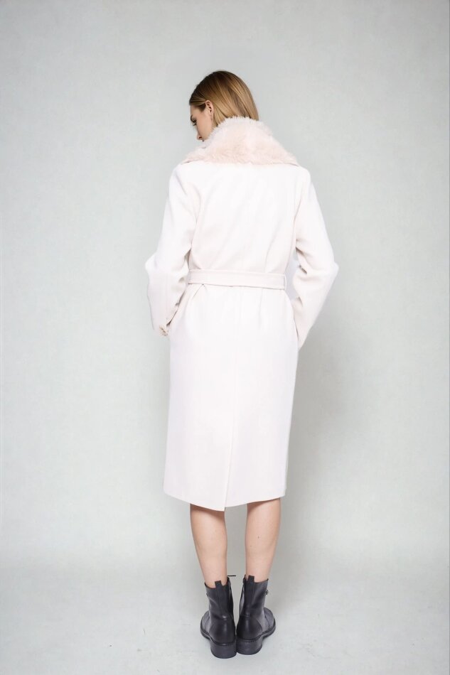 Kürk Yaka Beli Kuşaklı Uzun Kaşe Kaban - 4