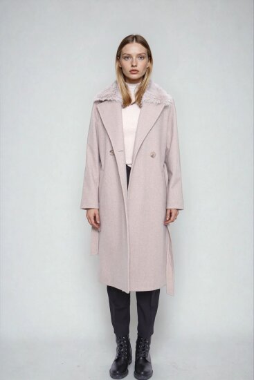 Kürk Yaka Beli Kuşaklı Uzun Kaşe Kaban - 9