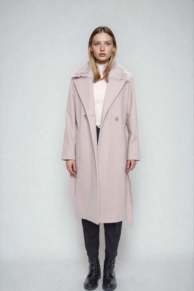 Kürk Yaka Beli Kuşaklı Uzun Kaşe Kaban - 9