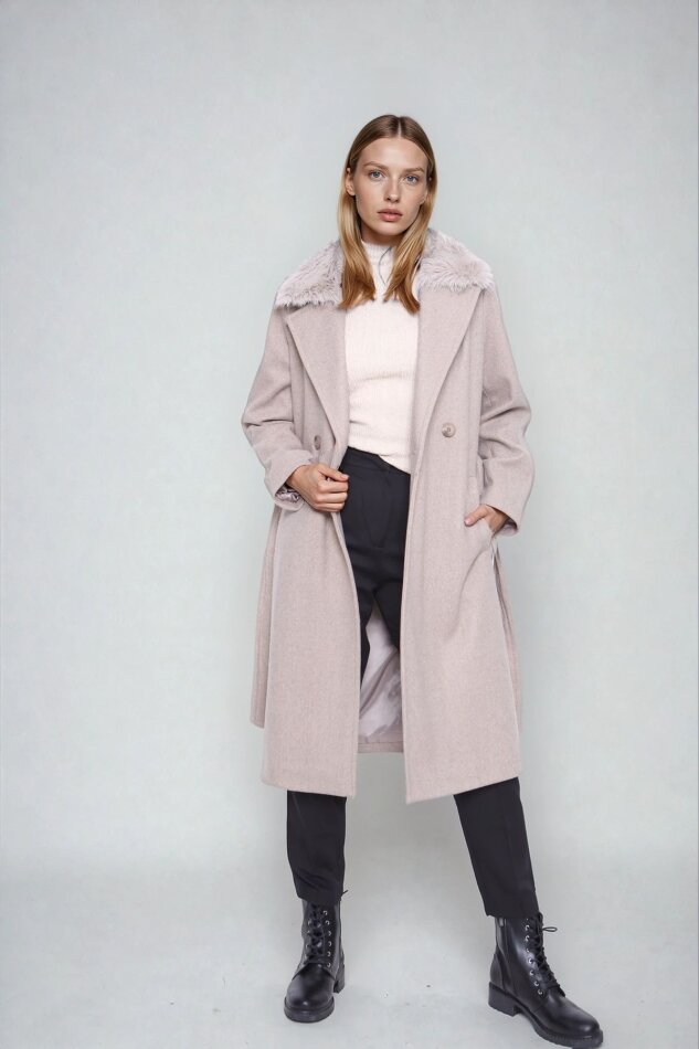 Kürk Yaka Beli Kuşaklı Uzun Kaşe Kaban - 11