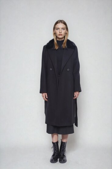 Kürk Yaka Beli Kuşaklı Uzun Kaşe Kaban - 5