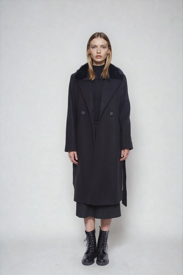 Kürk Yaka Beli Kuşaklı Uzun Kaşe Kaban - 5