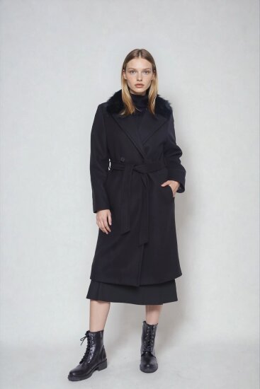 Kürk Yaka Beli Kuşaklı Uzun Kaşe Kaban - 6