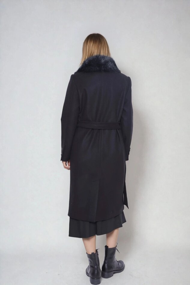 Kürk Yaka Beli Kuşaklı Uzun Kaşe Kaban - 8