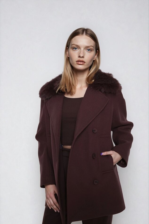 Kürk Yaka Büyük Cepli Kısa Kaşe Kaban - 11