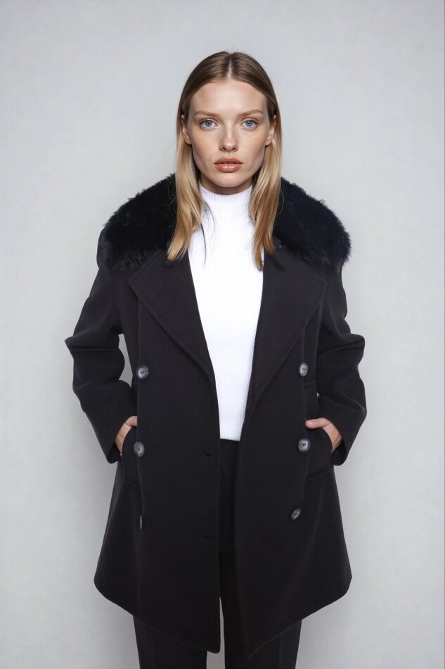 Kürk Yaka Büyük Cepli Kısa Kaşe Kaban - 13