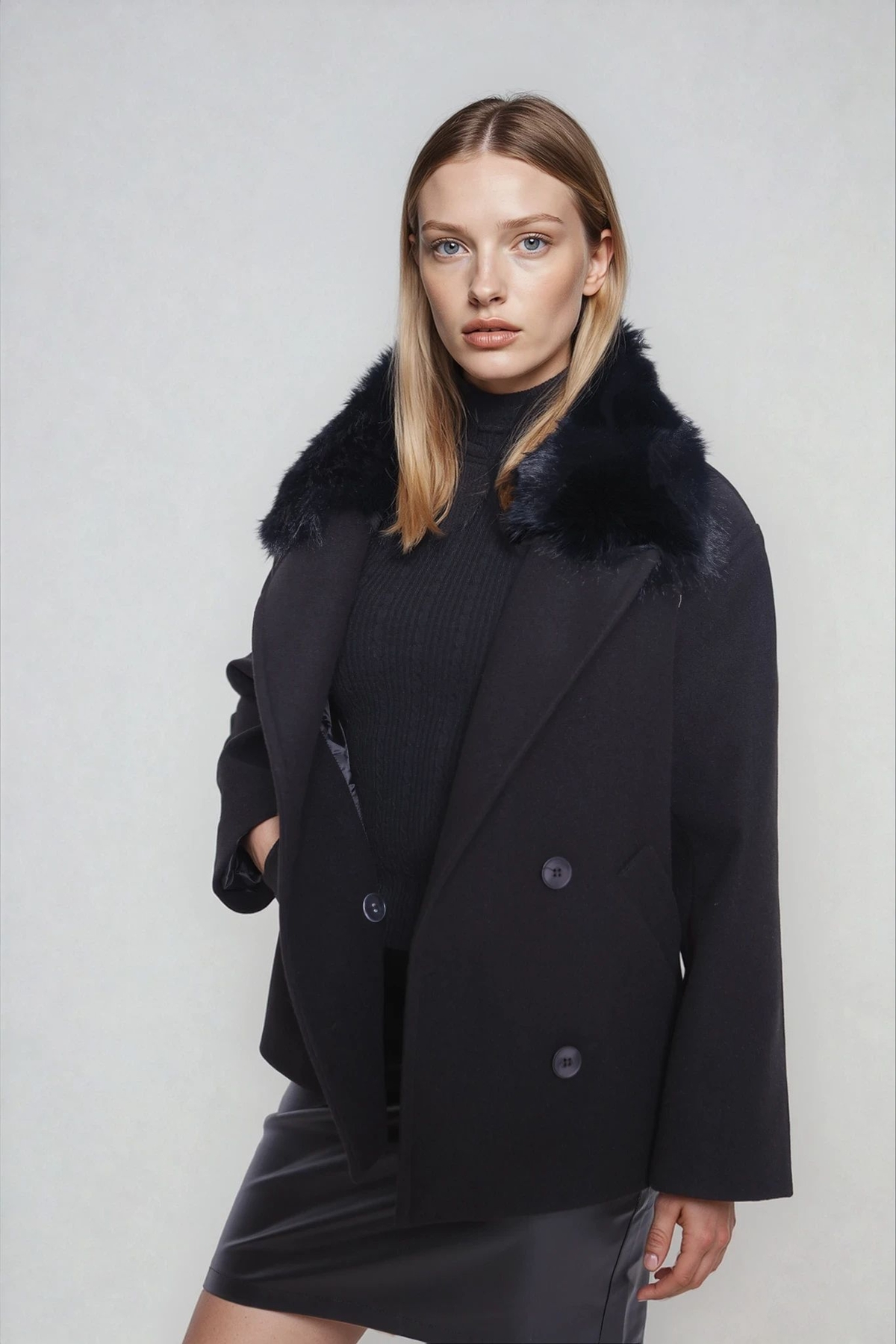 Yakası Tüylü Düğmeli Kısa Kaşe Kaban - Thumbnail