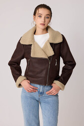 Yanı Aksesuar Detaylı Suni Deri Biker Ceket - 6