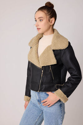 Yanı Aksesuar Detaylı Suni Deri Biker Ceket - 3