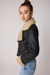 Yanı Aksesuar Detaylı Suni Deri Biker Ceket - 4