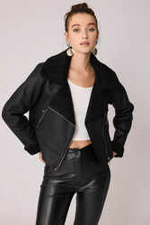 Yanı Aksesuar Detaylı Suni Deri Biker Ceket - 14