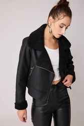 Yanı Aksesuar Detaylı Suni Deri Biker Ceket - 15