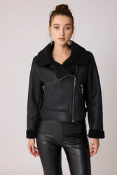 Yanı Aksesuar Detaylı Suni Deri Biker Ceket - 12
