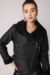 Yanı Aksesuar Detaylı Suni Deri Biker Ceket - 17