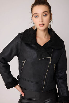 Yanı Aksesuar Detaylı Suni Deri Biker Ceket - 17