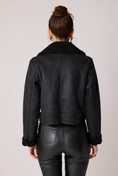 Yanı Aksesuar Detaylı Suni Deri Biker Ceket - 16