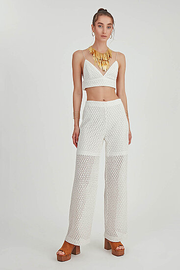 Yanı Fermuarlı Astarlı Dantel İşlemeli Pantolon - 1