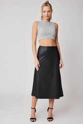 Yanı Fermuarlı Midi Boy Deri Etek - 6