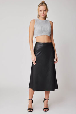 Yanı Fermuarlı Midi Boy Deri Etek - 6