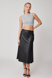Yanı Fermuarlı Midi Boy Deri Etek - 7