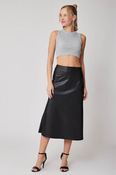 Yanı Fermuarlı Midi Boy Deri Etek - 11