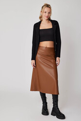 Yanı Fermuarlı Midi Boy Deri Etek - 1