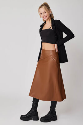 Yanı Fermuarlı Midi Boy Deri Etek - 3