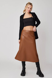 Yanı Fermuarlı Midi Boy Deri Etek - 4