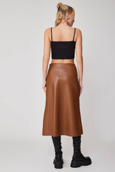 Yanı Fermuarlı Midi Boy Deri Etek - 5