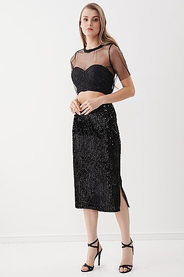 Yanı Yırtmaçlı Pullu Kalem Etek - 3