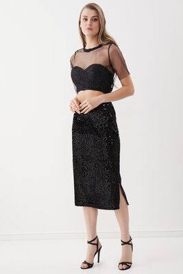 Yanı Yırtmaçlı Pullu Kalem Etek - Thumbnail (2)