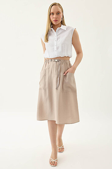 Yanları Cepli Beli Lastikli Önü Tokalı Midi Etek