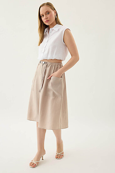 Yanları Cepli Beli Lastikli Önü Tokalı Midi Etek (1)