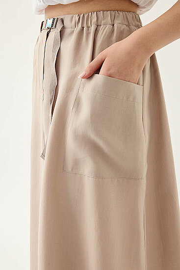 Yanları Cepli Beli Lastikli Önü Tokalı Midi Etek - 3